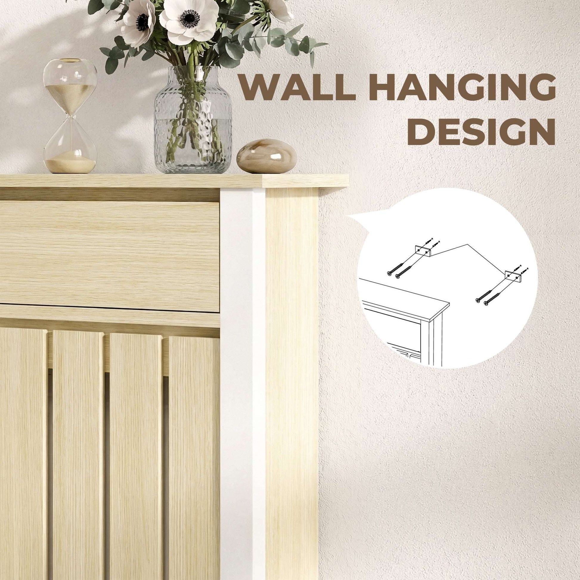 MDF & Particle Board Radiator Cover with 1 Drawer | Vertical Slats | Flat Top Display Surface | Wall Mountable | Pre-Cut Outs | 14kg Capacity | 88.5x19x93cm | Oak & White