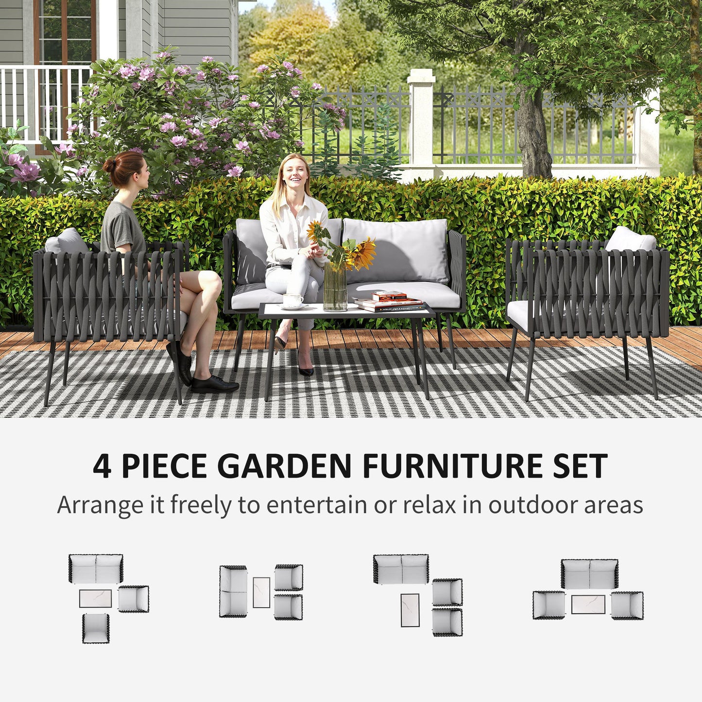 Outsunny 4-Piece Garden Furniture Set with Cushions - Light Grey