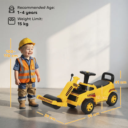 AIYAPLAY Kids Ride-On Road Roller | Foot-Powered Construction Toy | Liftable Front Drum | Horn & Under-Seat Storage | Yellow & Black | Ages 1–4