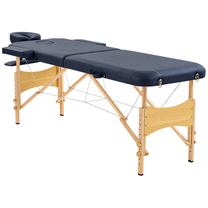 Portable Massage Table | Dark Blue 2-Section Folding Beauty Bed | Beech Frame, 4cm Padding & Carry Bag | Adjustable Height 67–92cm
