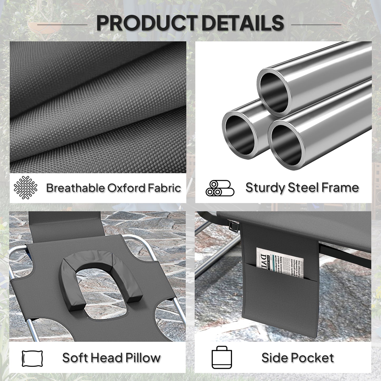 Foldable Sun Lounger Set of 2, Beach Chaise Lounge with Reading Hole, Arm Slots, 5-Position Adjustable Backrest, Side Pocket, Pillow for Garden