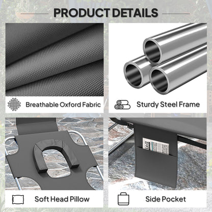 Foldable Sun Lounger Set of 2, Beach Chaise Lounge with Reading Hole, Arm Slots, 5-Position Adjustable Backrest, Side Pocket, Pillow for Garden