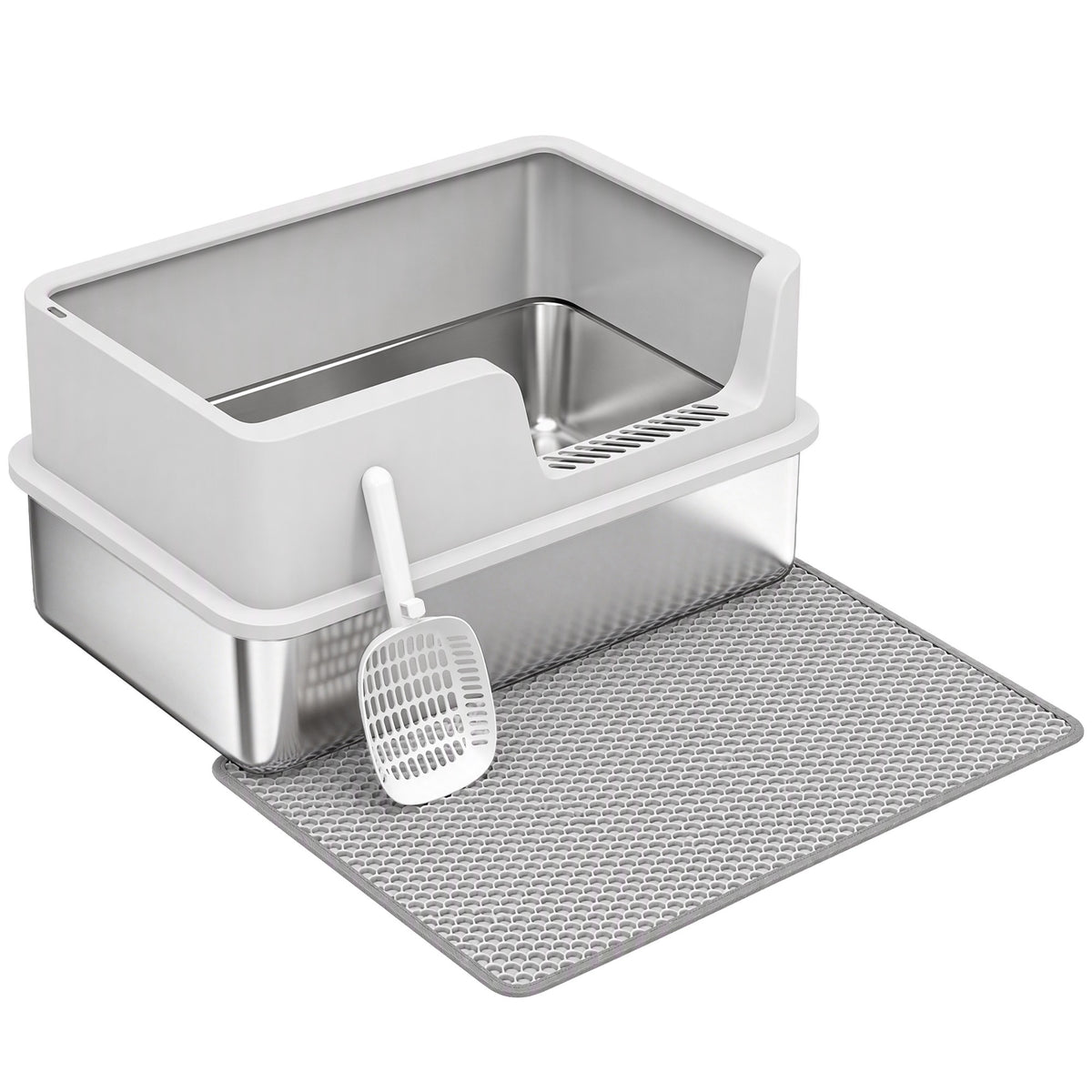 XL Cat Litter Tray | 201 Stainless Steel Pan | Semi-Enclosed PP Lid | High Sides & Sealed Seams | 30L | Cats up to 8kg | 60x40cm Litter Mat | Scoop Brush & Hook | 60x40x30cm | Inner 56x36x15cm | Light Grey