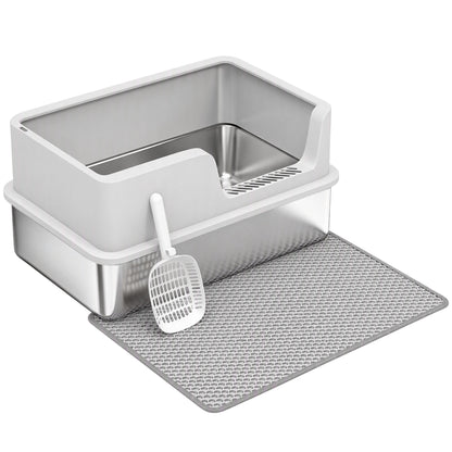 XL Cat Litter Tray | 201 Stainless Steel Pan | Semi-Enclosed PP Lid | High Sides & Sealed Seams | 30L | Cats up to 8kg | 60x40cm Litter Mat | Scoop Brush & Hook | 60x40x30cm | Inner 56x36x15cm | Light Grey
