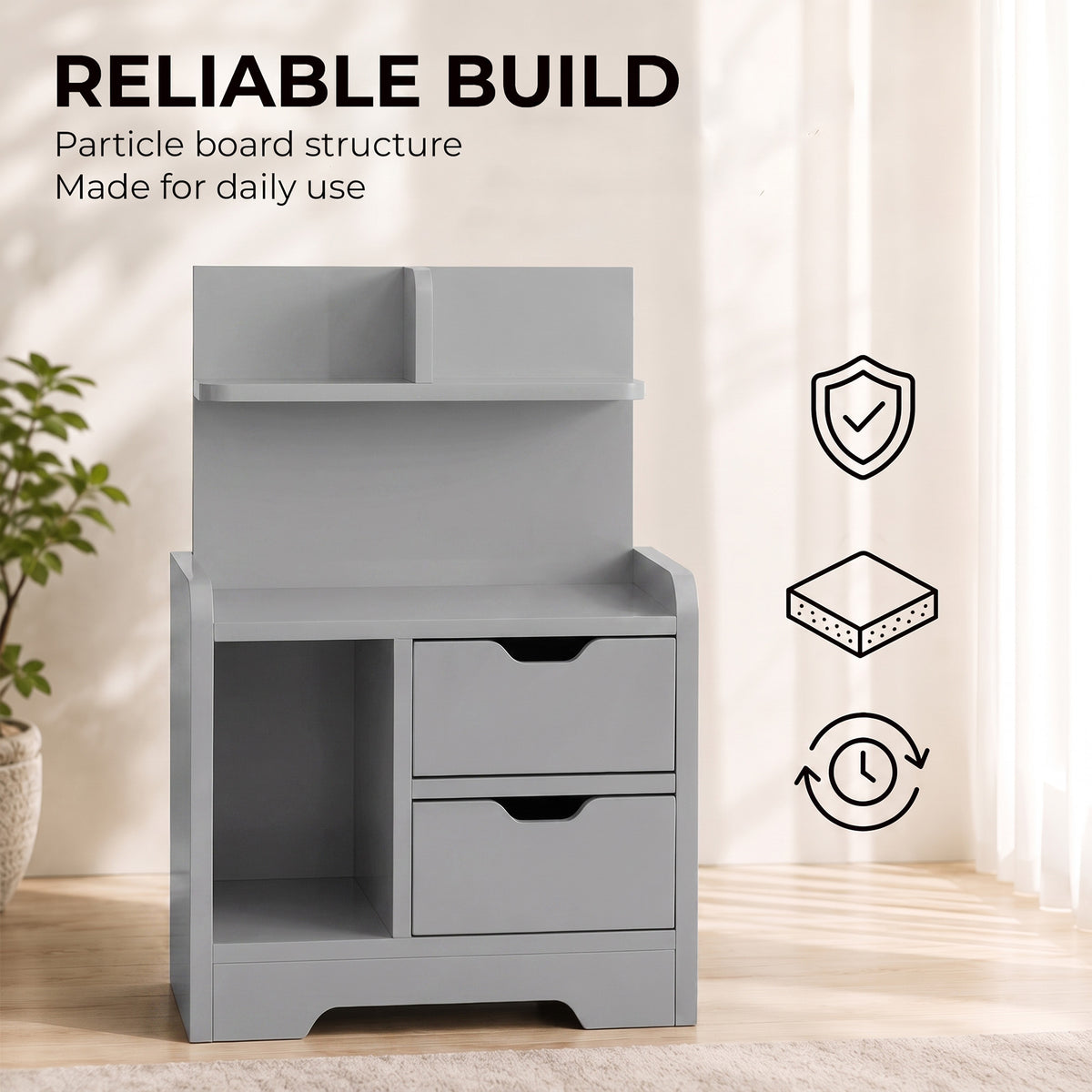 Bedside Table with 2 Drawers & Open Shelves | Grey Particleboard | 40x30x60cm | 30kg | Cut-Out Handles | Rounded Corners | Top & Bottom Shelves | Modern Nightstand | Bedroom Side Table