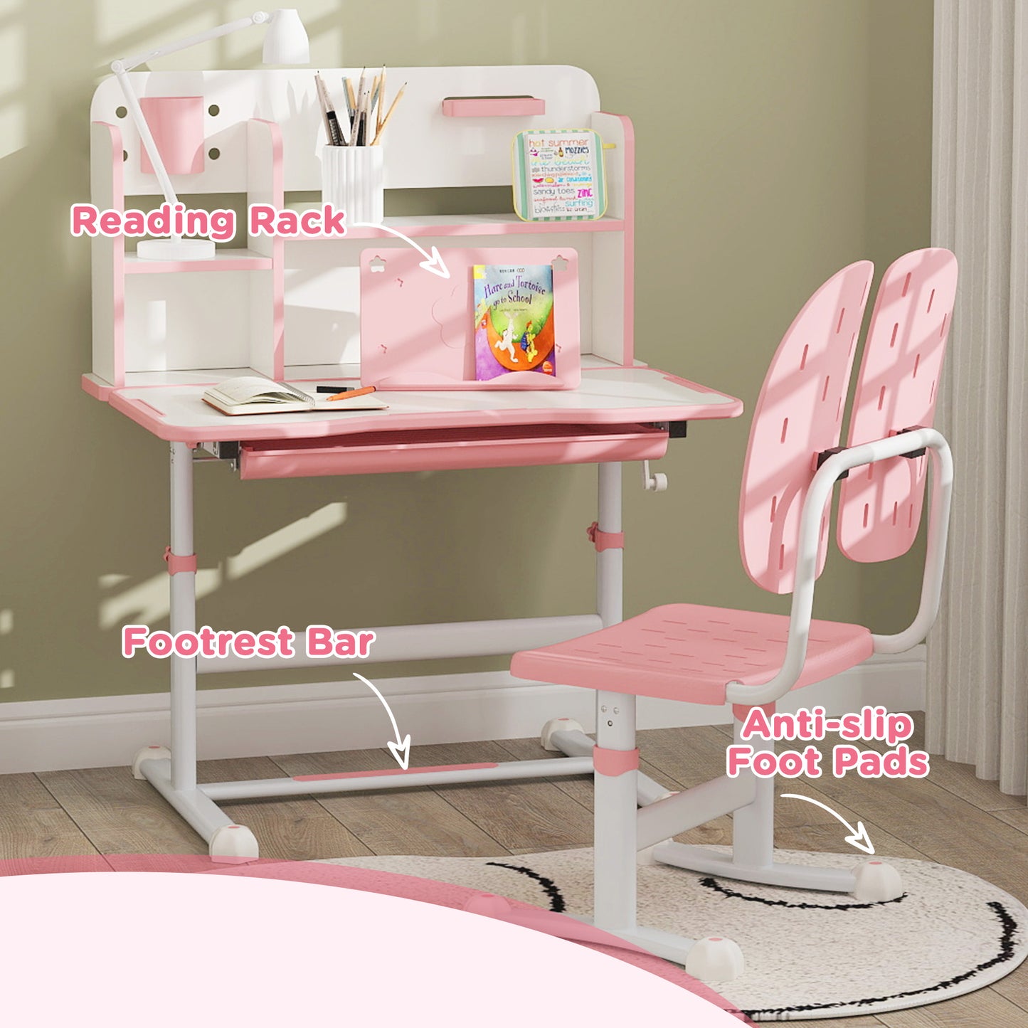 AIYAPLAY Height Adjustable Kids Desk and Chair Set, Children School Study Desk with Tiltable Desktop, Reading Rack