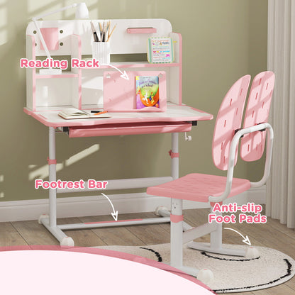 AIYAPLAY Height Adjustable Kids Desk and Chair Set, Children School Study Desk with Tiltable Desktop, Reading Rack