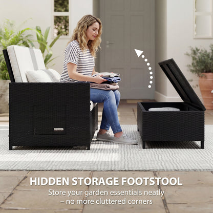 Outsunny Rattan Garden Daybed, Assembled Double Sun Lounger with 5-Level Adjustable Back, Storage Ottoman, Cream White