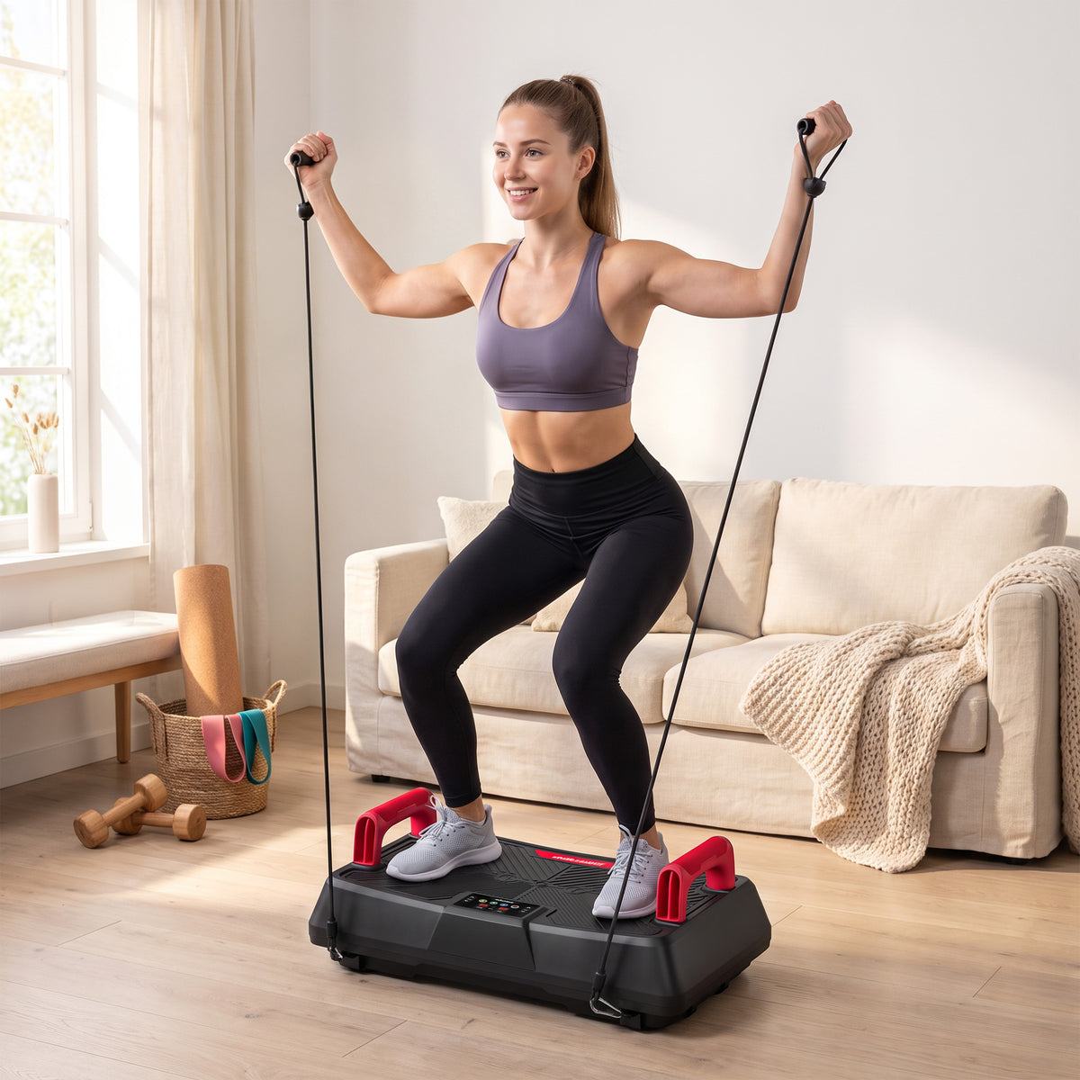 Vibration Plate Exercise Machine | 150W Swing Arm Motor | 99 Speeds | 3 Preset Programmes | 2 Resistance Bands | Removable Handles | LED Display & Remote | Anti-Slip TPR | 120kg | 66x40x23cm | Red