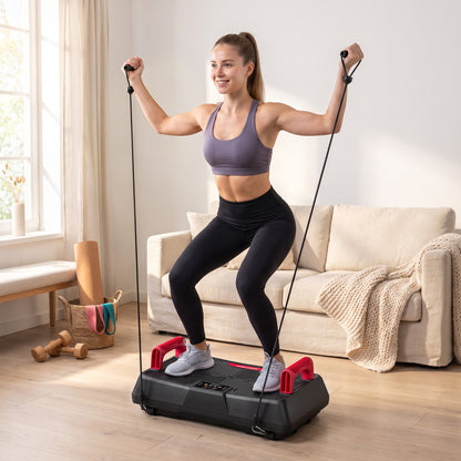 Vibration Plate Exercise Machine | 150W Swing Arm Motor | 99 Speeds | 3 Preset Programmes | 2 Resistance Bands | Removable Handles | LED Display & Remote | Anti-Slip TPR | 120kg | 66x40x23cm | Red
