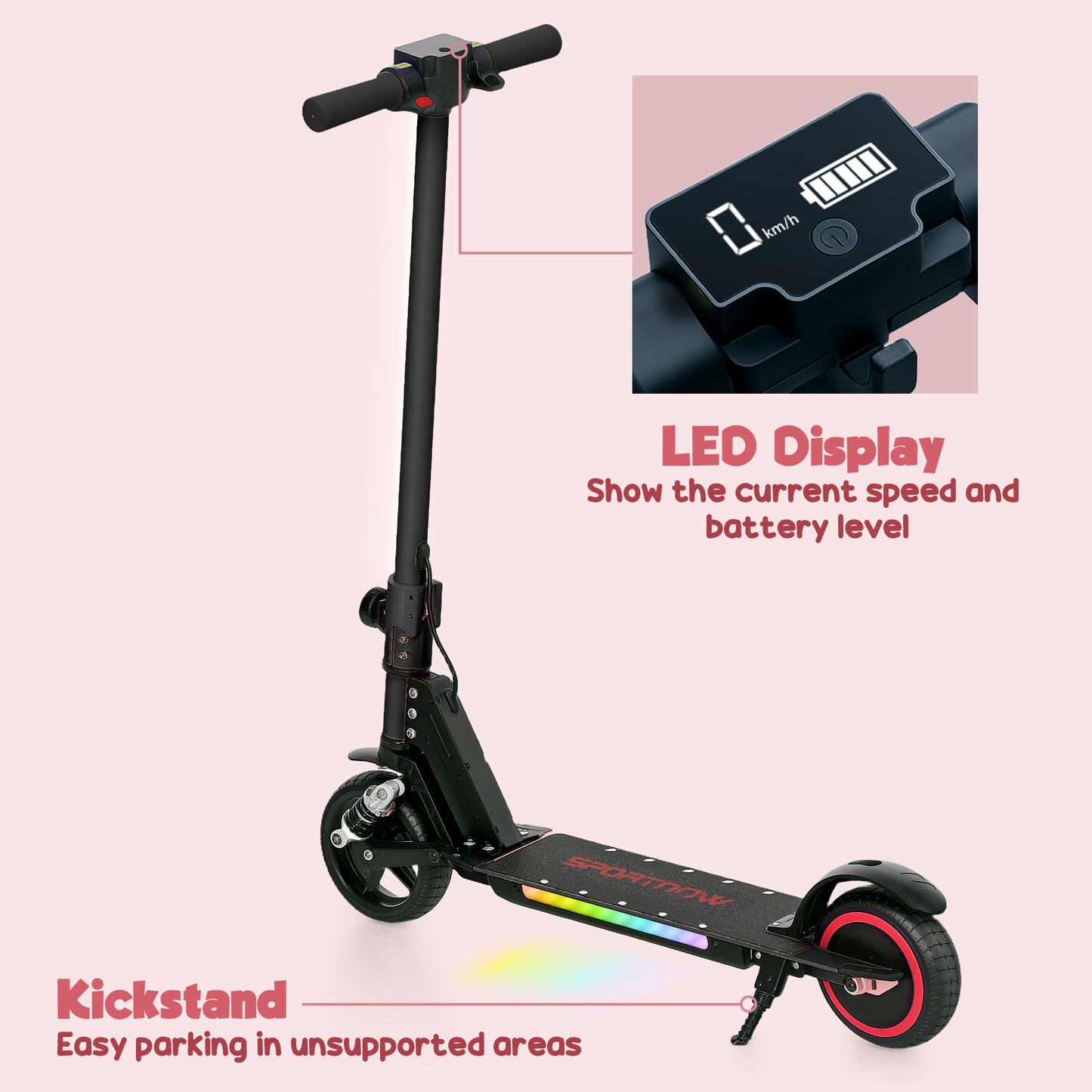 Folding Electric Scooter for Kids Age 6-14 with Dual Brakes, Front Suspension, LED Colourful Lights and Display, 6.8kg Lightweight Aluminium E Scooter, Up to 14 KM/H & 6 KM