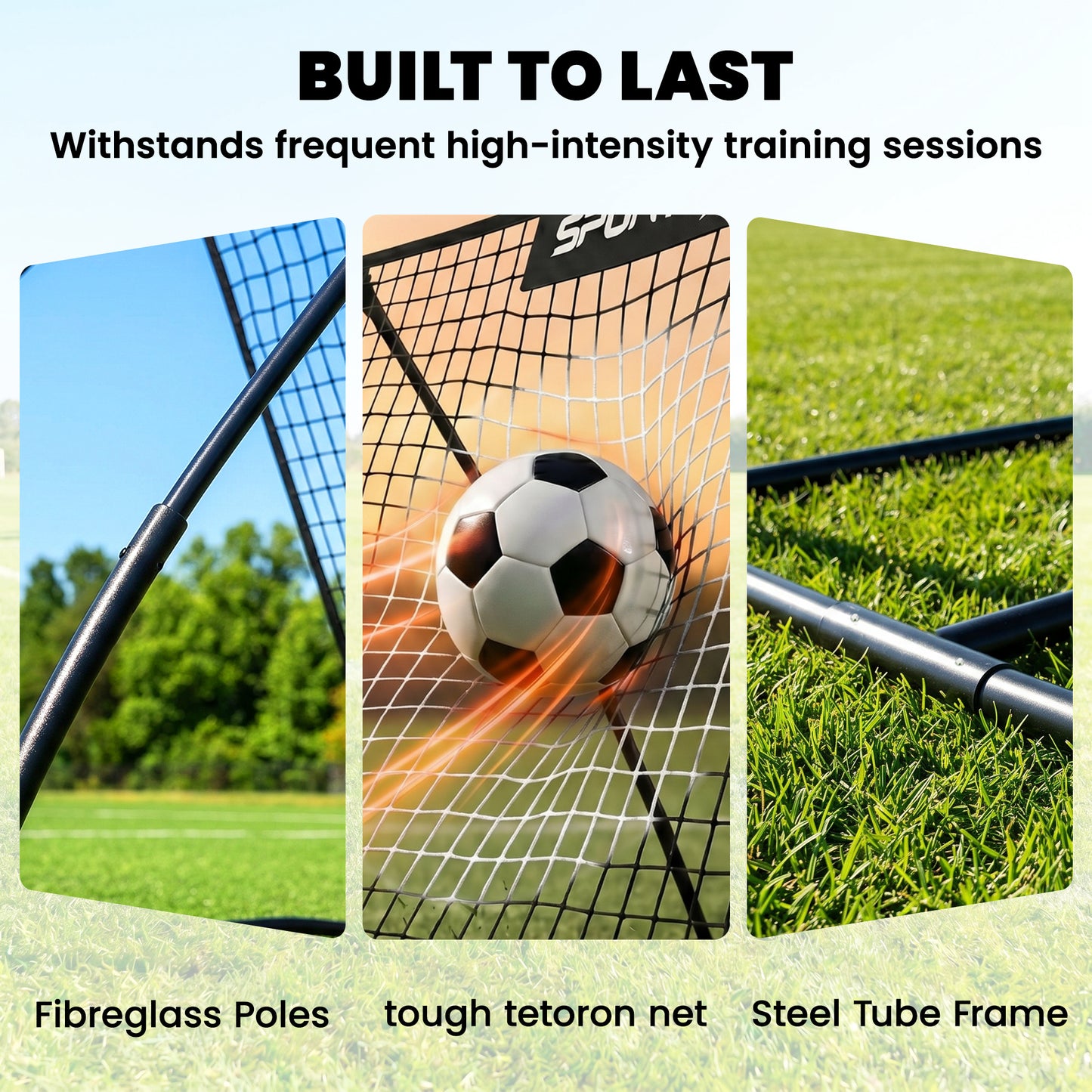 Portable Football Rebounder Net | 140x90cm | Tetoron Net | Steel & Fibreglass Frame | Carry Bag | Ground Stakes | Black