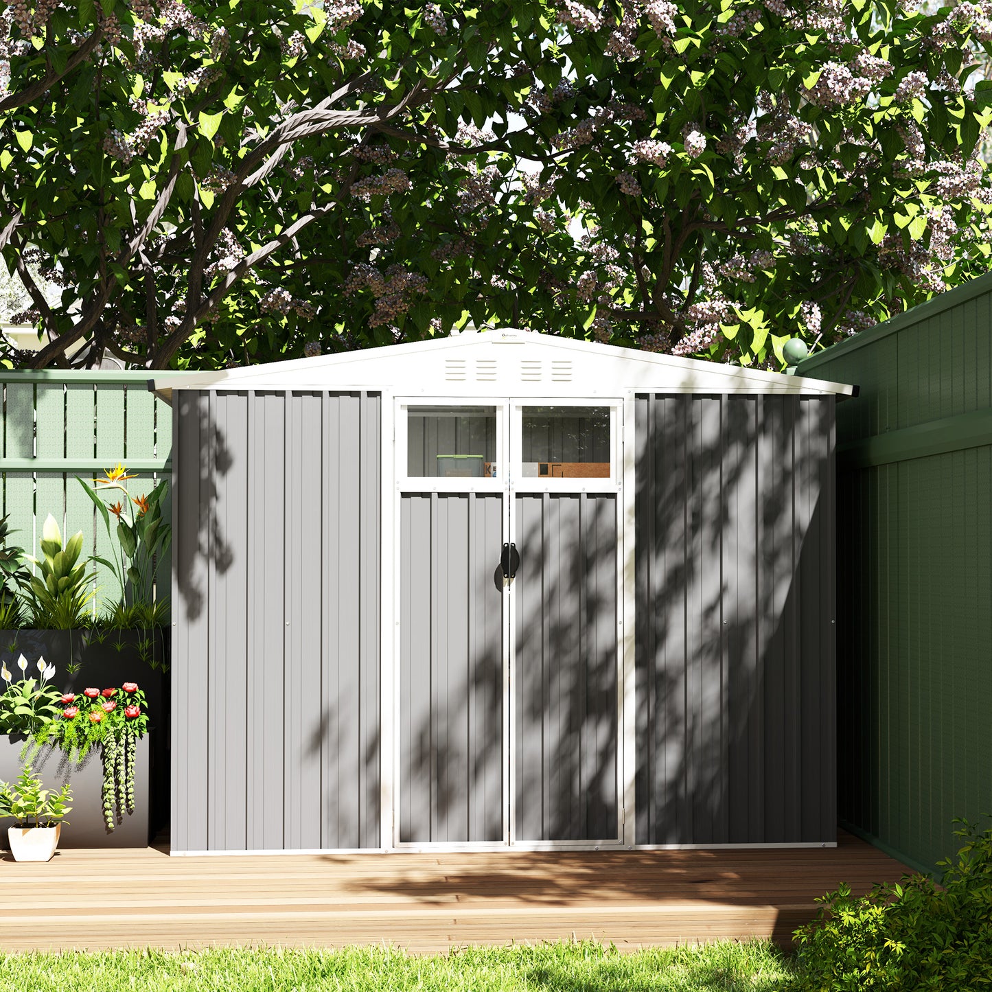 Outsunny 8 x 4 ft Metal Garden Shed, Garden Storage Shed with Window, 4 Vents and Lockable Door, Waterproof Galvanised Steel Tool Storage Shed