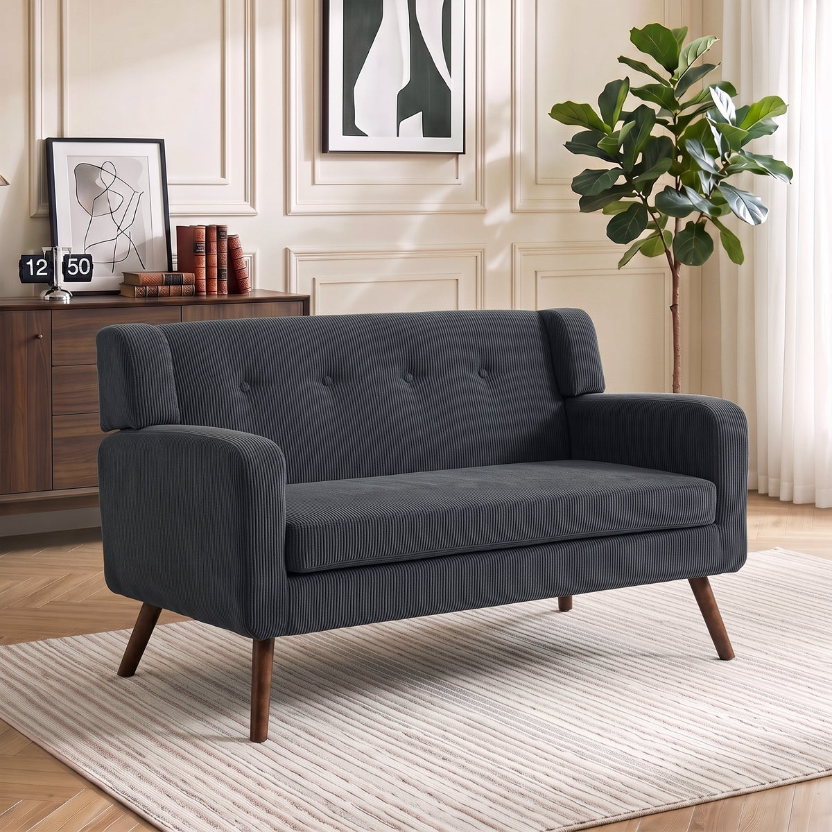 2 Seater Sofa | Dark Grey Corduroy Loveseat with Tufted Back, Padded Arms & 240kg Capacity