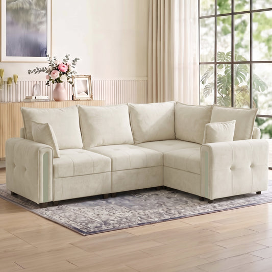 228cm Reversible L-Shaped Sofa | 3-Seater Velvet Corner Sofa with Lift-Up Storage | Deep Padded Seats & Wide Arms | Beige or Green