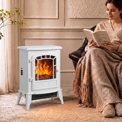 Electric Fireplace Stove | White Freestanding 2000W LED Flame Heater with Adjustable Thermostat