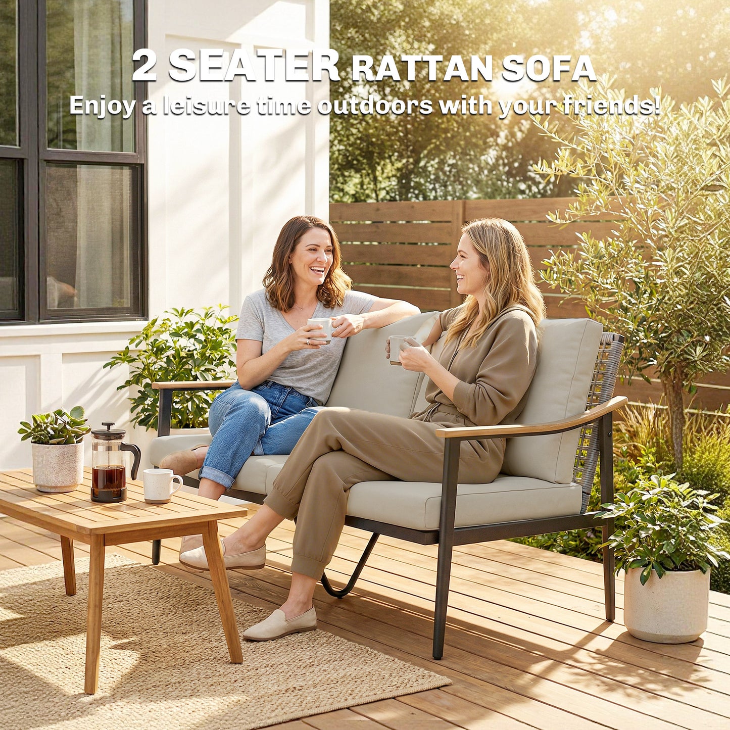 2 Seater Rattan Garden Sofa | Wood-Effect Armrests | Cut-Out PE Rattan Backrest | 8cm Seat & 12cm Back Cushions | Steel Frame | 240kg | 120x75x78cm | Khaki
