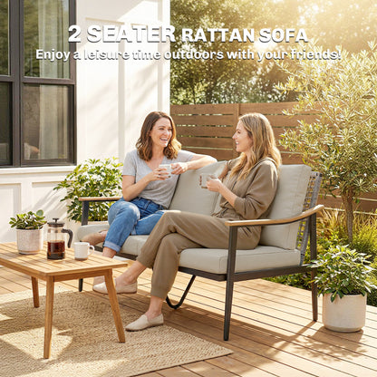 2 Seater Rattan Garden Sofa | Wood-Effect Armrests | Cut-Out PE Rattan Backrest | 8cm Seat & 12cm Back Cushions | Steel Frame | 240kg | 120x75x78cm | Khaki