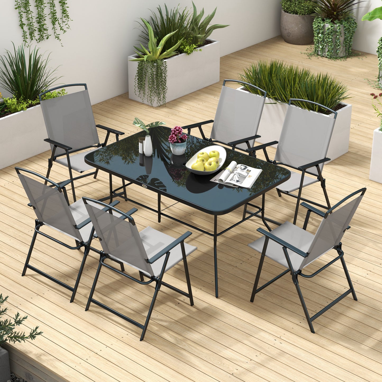 Outsunny 7 Pieces Metal Garden Furniture Set with Folding Chairs, Patio Dining Set, 6 Seater Outdoor Table and Chairs with Tempered Glass Top, Grey