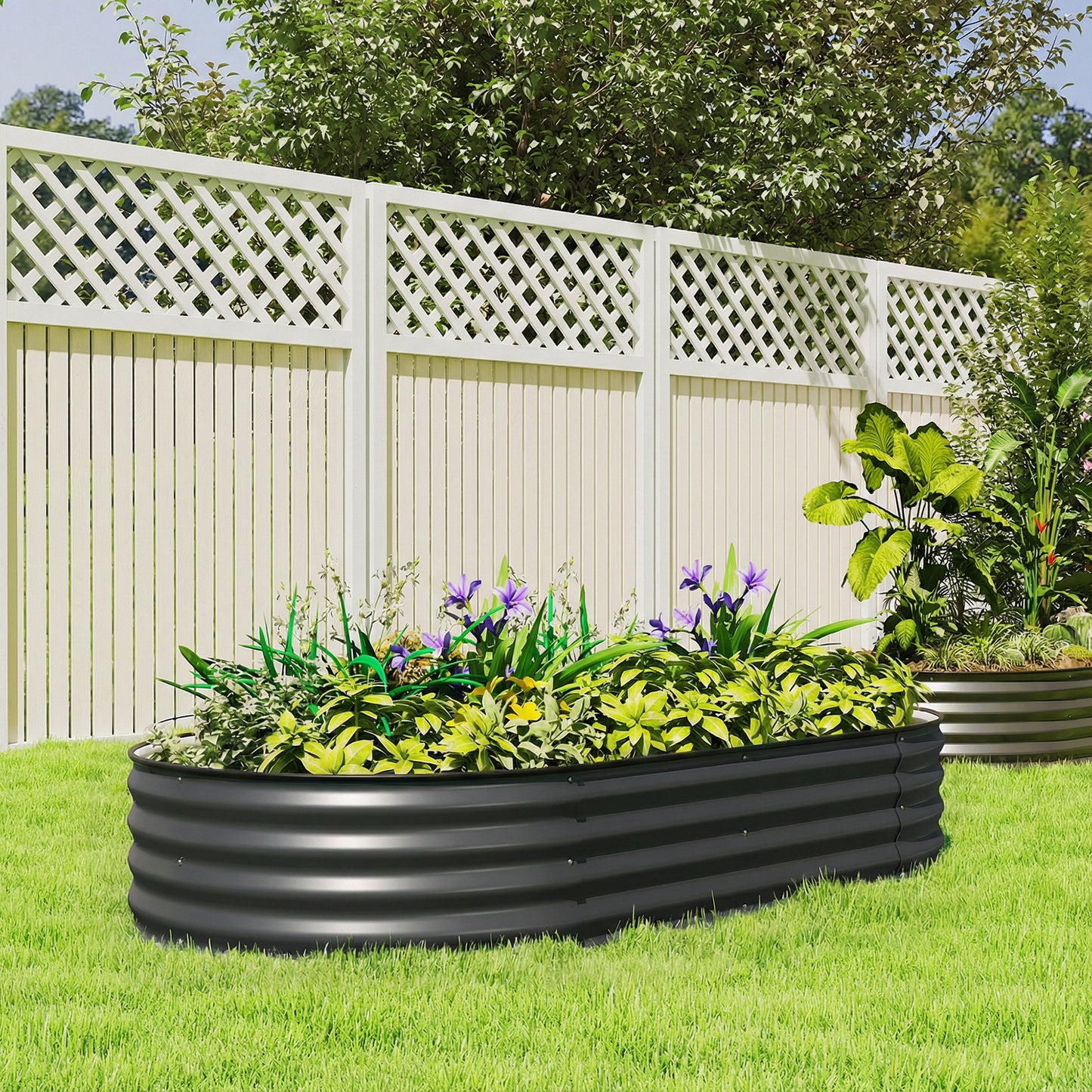 Flexible Galvanised Steel Raised Garden Bed | Safety Rubber Edging | Open Bottom | Configurable Round Oval or Oblong | 180x90x30cm | For Flowers Herbs & Succulents | Dark Grey