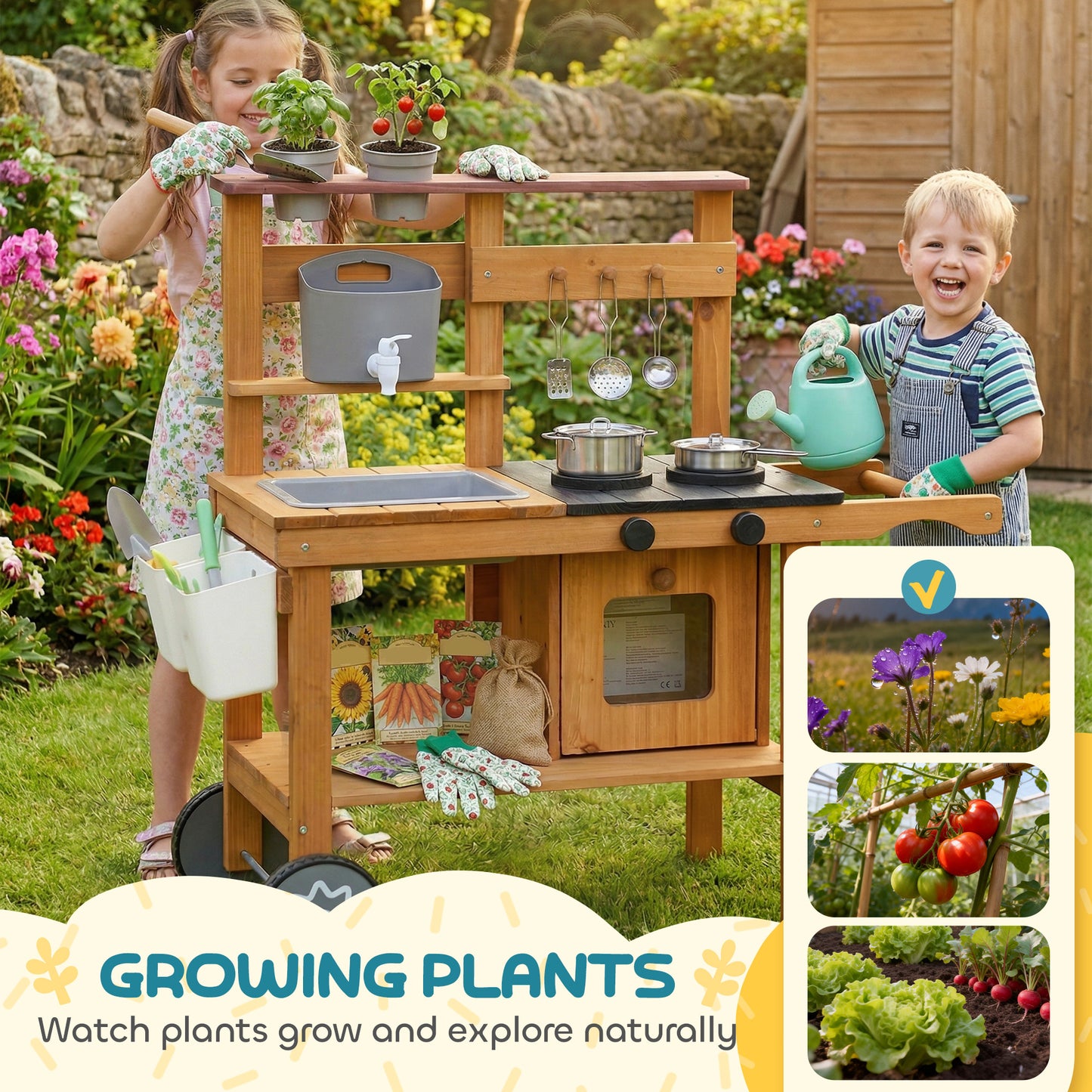 Children's Wooden Mud Kitchen with Wheels – Running Water Tap, Stove, Flower Pots & 12 Stainless Steel Accessories, Ages 3–6