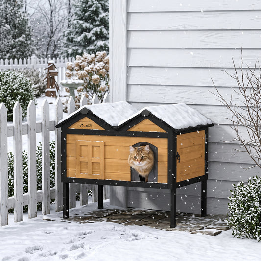 Outdoor Wooden Cat House with Removable Insulated Liner | Weatherproof Asphalt Roof | Raised 21cm Base | PVC Curtain | Wide Side Cleaning Door | Fir Wood | Suits Cats up to 10kg | Yellow