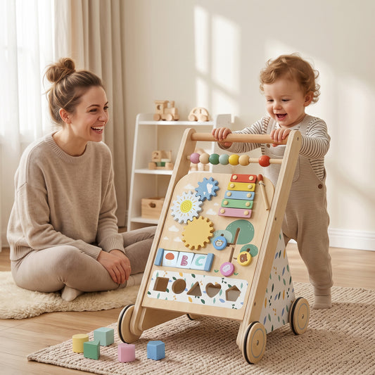 Wooden Baby Walker | Toddler Push Along | Speed Control | Activity Centre | Xylophone | 5 Blocks | 18M+ | 34.5x32.4x46cm | Natural