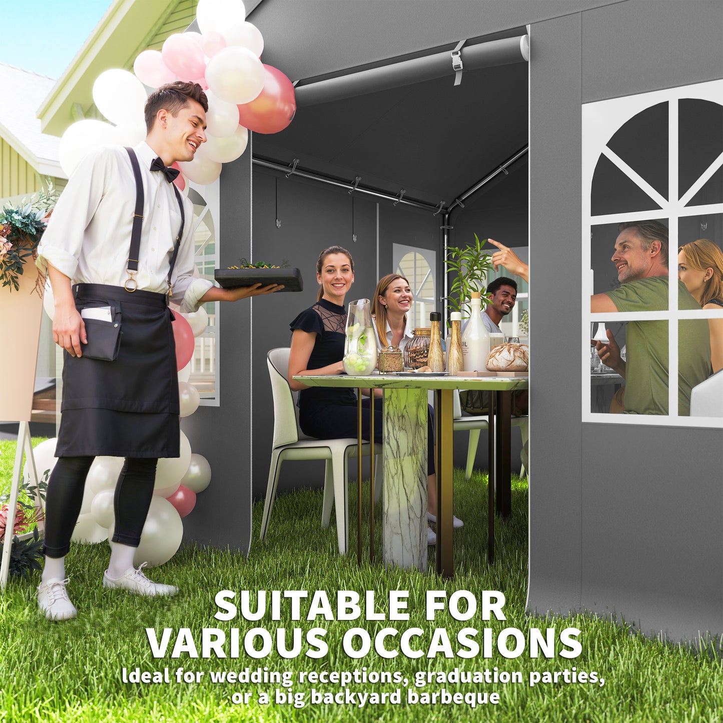 3x3m Party Marquee Tent | 4 Zipped Doors | 8 Church Windows | UV30+ PVC Polyester | Apex Roof | Galvanised Frame | 6-9 People | Grey