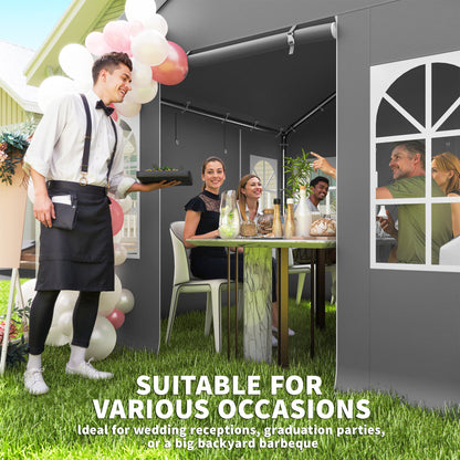 3x3m Party Marquee Tent | 4 Zipped Doors | 8 Church Windows | UV30+ PVC Polyester | Apex Roof | Galvanised Frame | 6-9 People | Grey