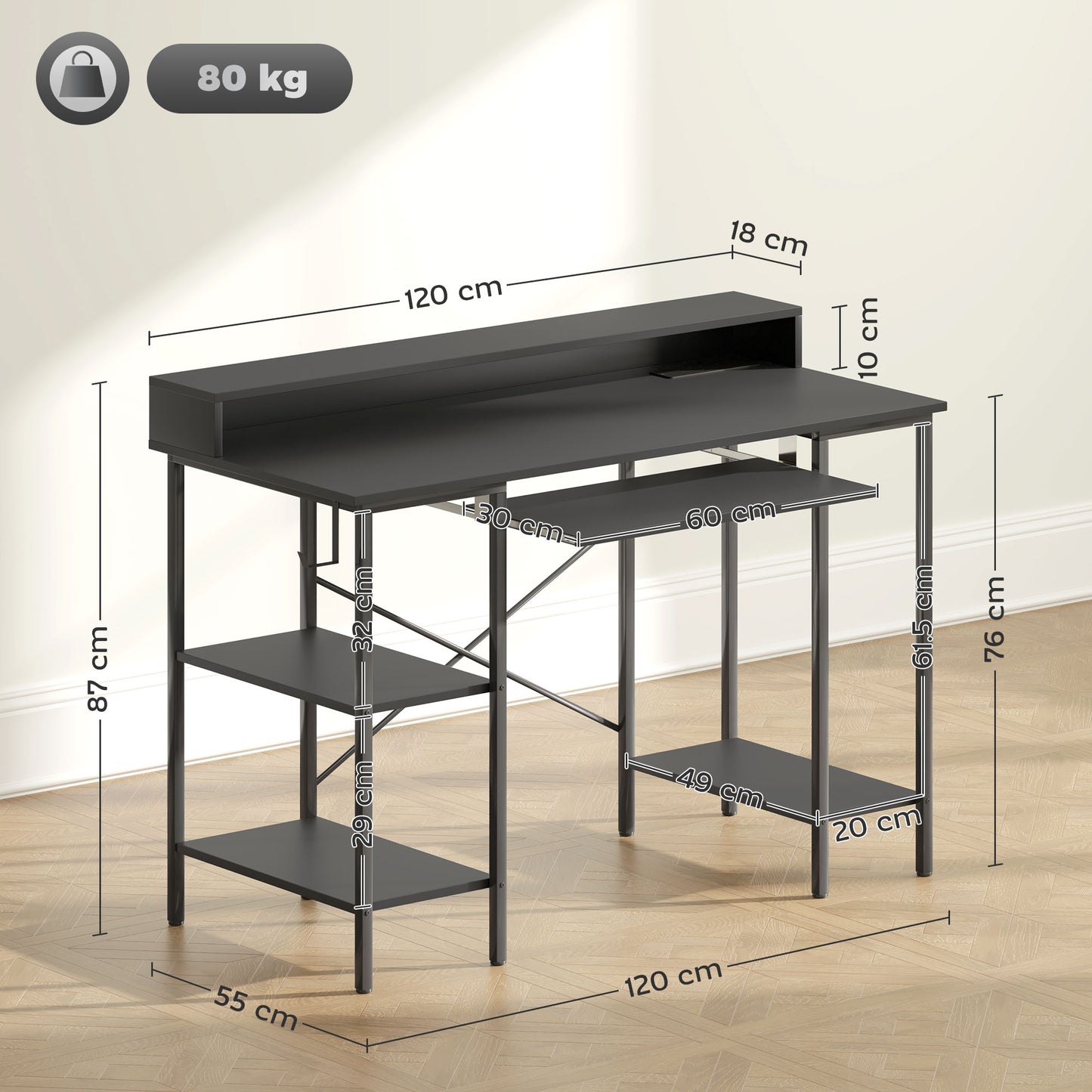 Reversible Computer Desk with LED Lights and Power Outlets, 120 x 55 cm Gaming Desk with Monitor Stand, Sliding Keyboard Tray and Storage Shelves,
