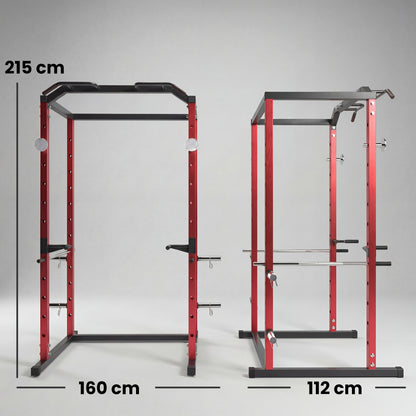 SPORTNOW Power Tower | Adjustable Squat Rack | Red & Black Steel | 160x112x215cm | 460kg Max Load | 11 Height Levels | Pull-Up Bar | Dip Station | Safety Arms | Plate Storage | Home Gym Strength Training
