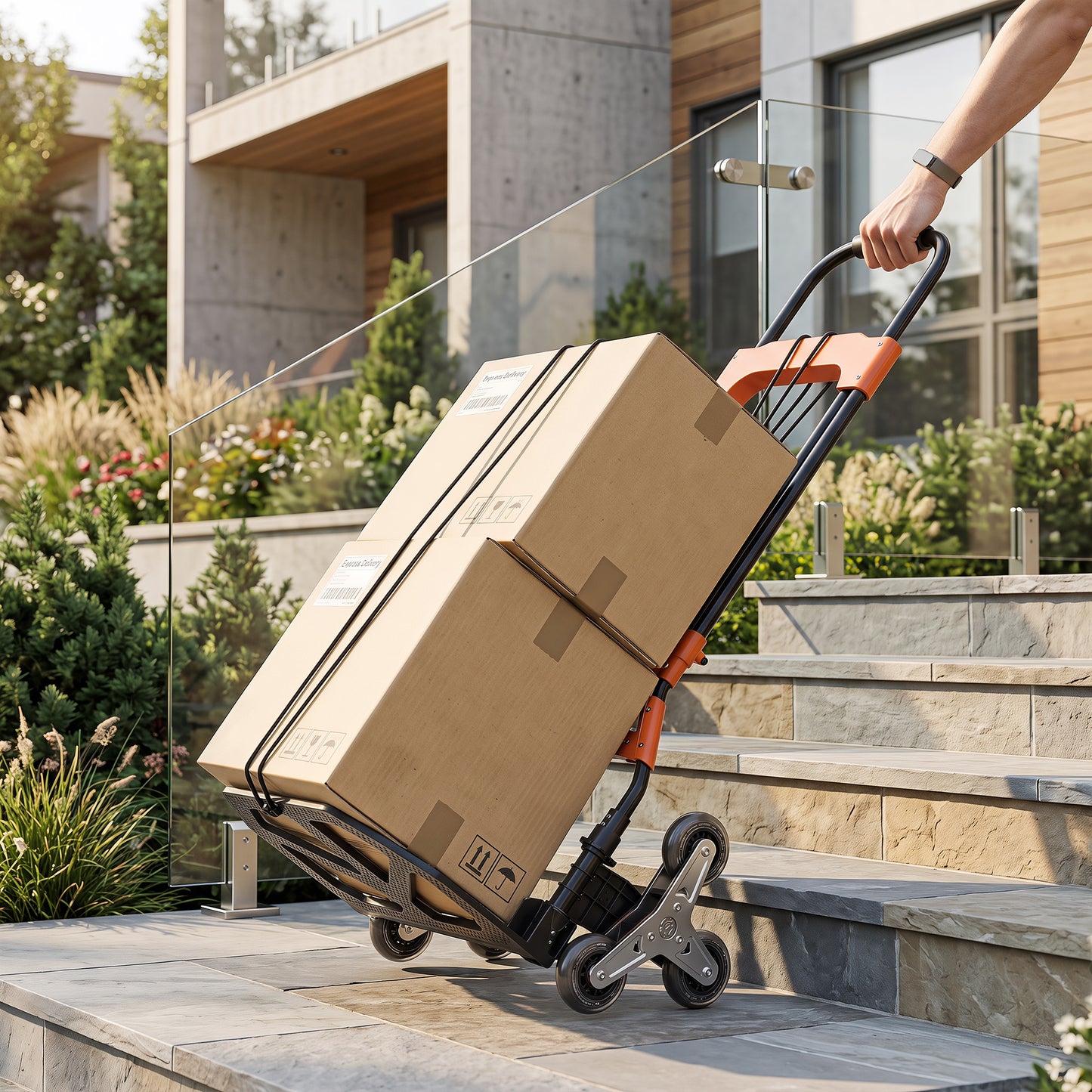 Heavy Duty Foldable Trolley on Wheels | 75kg Flat / 45kg Stairs | Tri-Wheel Stair Climbing | Telescopic Handle | Steel | Black & Orange