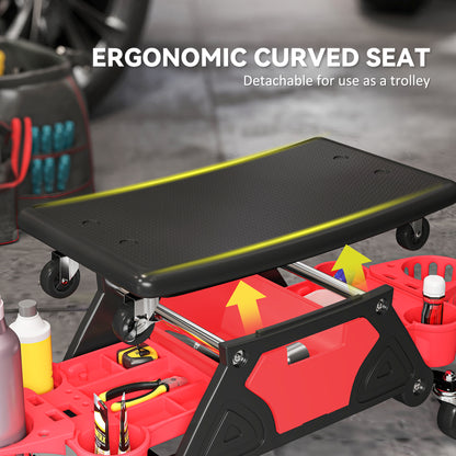 Rolling Mechanic Stool, 135kg Capacity Workshop Stool with 360° Swivel Wheels, Roller Creeper Seat with Slide Out Tool Trays, Drawer, Bottle Holders for Garage, Shop, Auto Repair