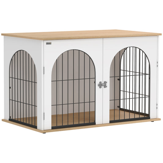 Dog Crate Furniture Side Table | Double Doors | Arched Wood-Grain Design | Large Dogs up to 30kg | 100 x 60 x 69cm | White