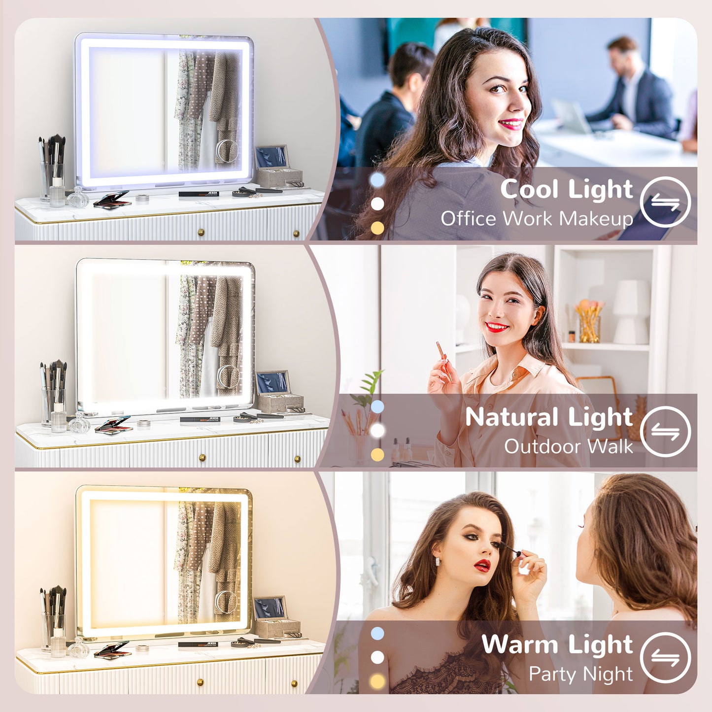 Vanity Mirror with Lights, Large Lighted Makeup Mirror with 3 Colour Lighting Modes, USB Charging Port, Touch Screen, Tabletop or Wall Mounted Design