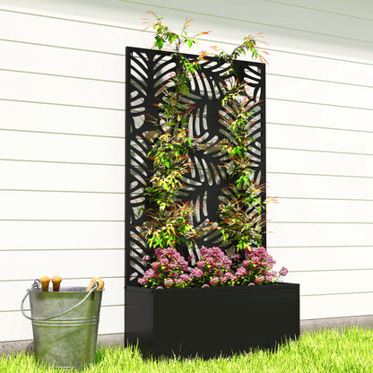 Metal Raised Planter with Monstera Leaf Trellis & Privacy Screen | Wall Mounted or Freestanding | 29L Soil | 50kg | Powder-Coated | 61x23x113cm | Climbing Plants | Black