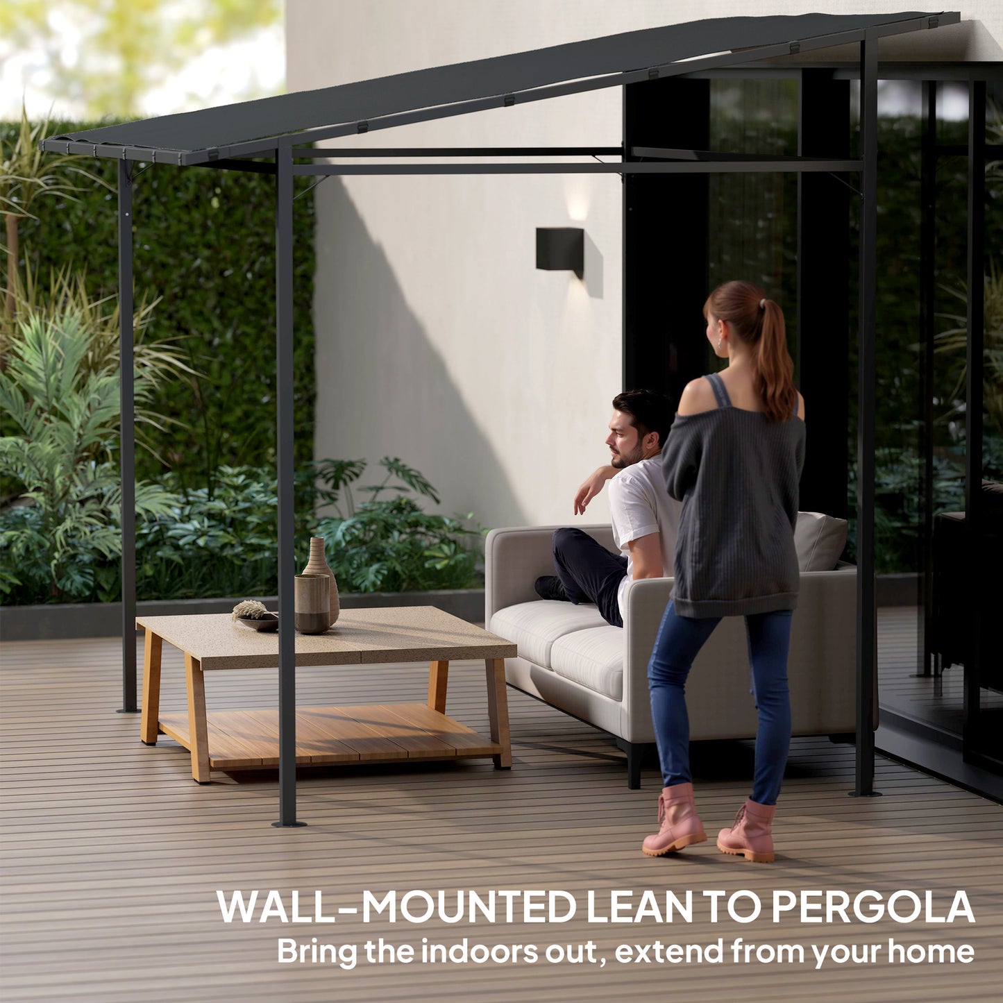 2.4 x 2.4 m Wall Mounted Pergola Gazebo with PA Coating Fabric and Metal Frame, UPF30+, Lean to Garden Gazebo, Wind Resistant Sun Shade Shelter