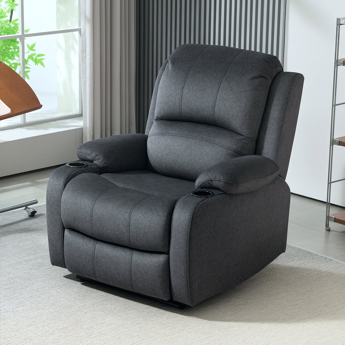 Microfibre Manual Reclining Armchair, with Footrest - Black