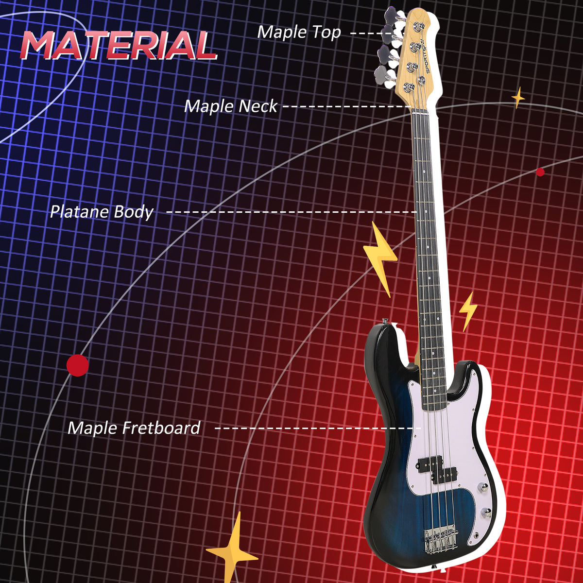 SPORTNOW 4-String Full-Size Electric Bass Guitar | Blue | 115x33x6cm | Maple Neck & Fretboard | Platane Body | Right-Hand | 15W Amp | Gig Bag | Strap | 3 Picks | 2.5m Cable | Beginner Set