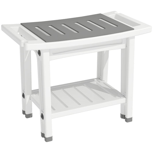 2-Tier Shower Bench & Stool | HDPE | EVA Seat Pad | Built-In Shelf & Shower Holder | 120kg | 55.5x31.5x46.5cm | White & Grey