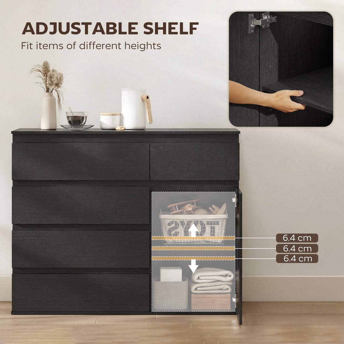 Modern Sideboard, Sideboard Storage Cabinet with 5 Drawers, Adjustable Shelf, Soft-Close Door, Black / White