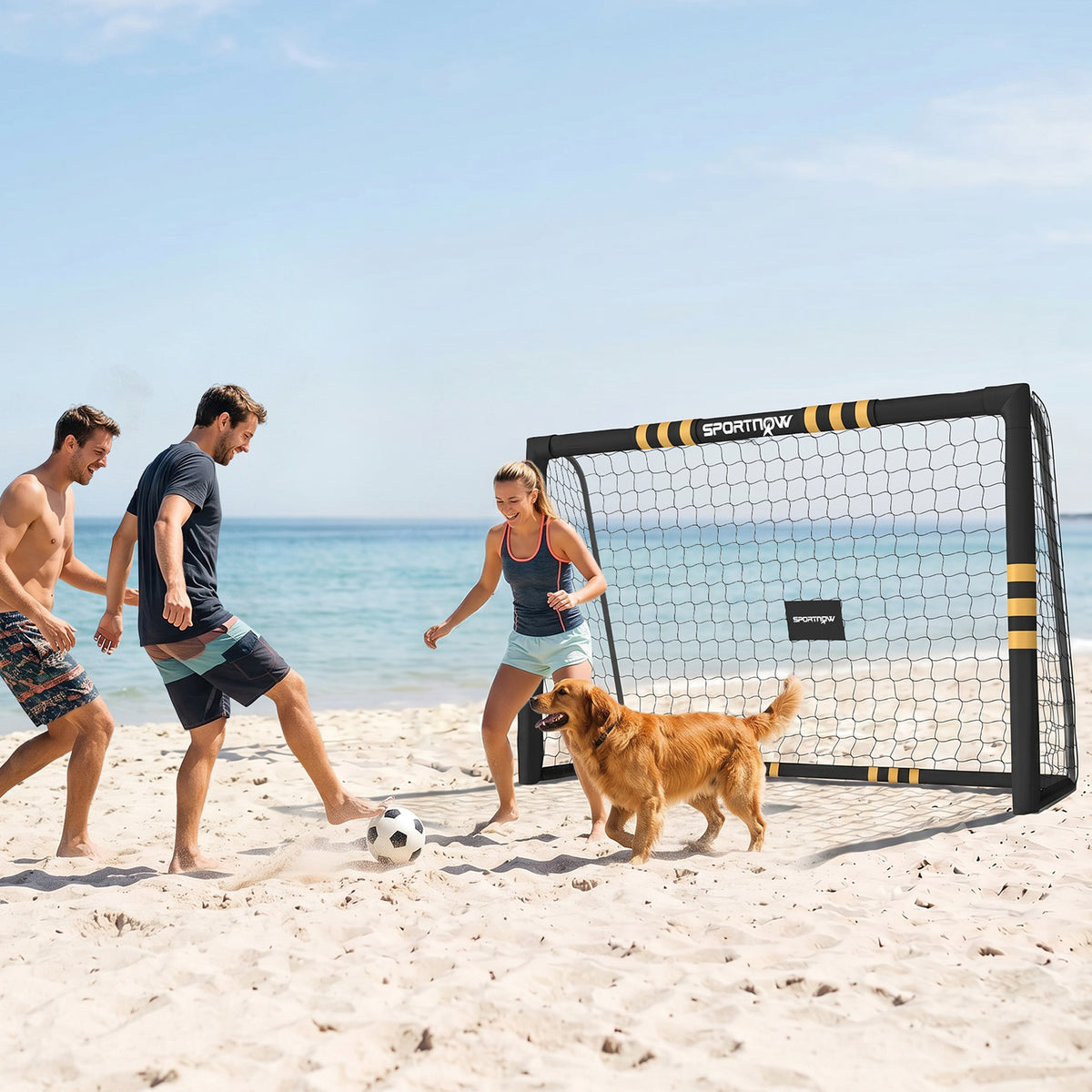 SPORTNOW Portable Football Goal | Black & Yellow | 8x5ft or 6x4ft | EPE Foam Padding 1.6cm | PVC-Wrapped Posts | 6 Ground Stakes | Metal Frame | PE Net | Age 5+ | Garden Training