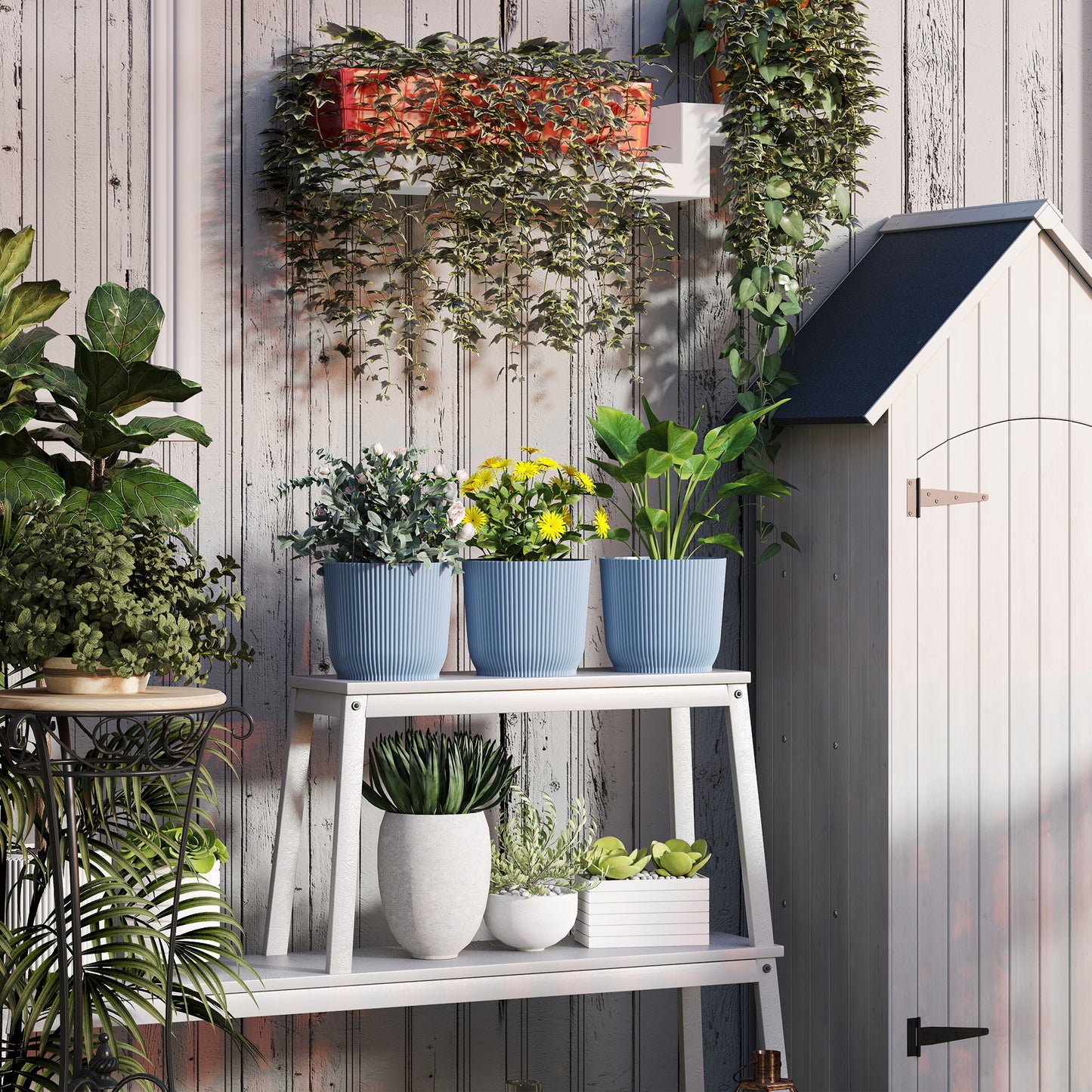 Outsunny Set of Three Ф22cm Planters Plant Pots - Blue / White