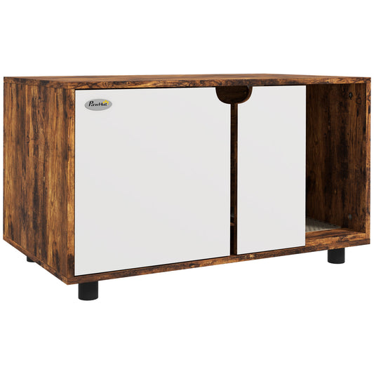 PawHut Hidden Litter Box, Cat Litter Box Furniture 2 in 1 Design with Double Doors and Sand Drain Pad, for Indoor Use, 80 x 48 x 48cm, Rustic Brown