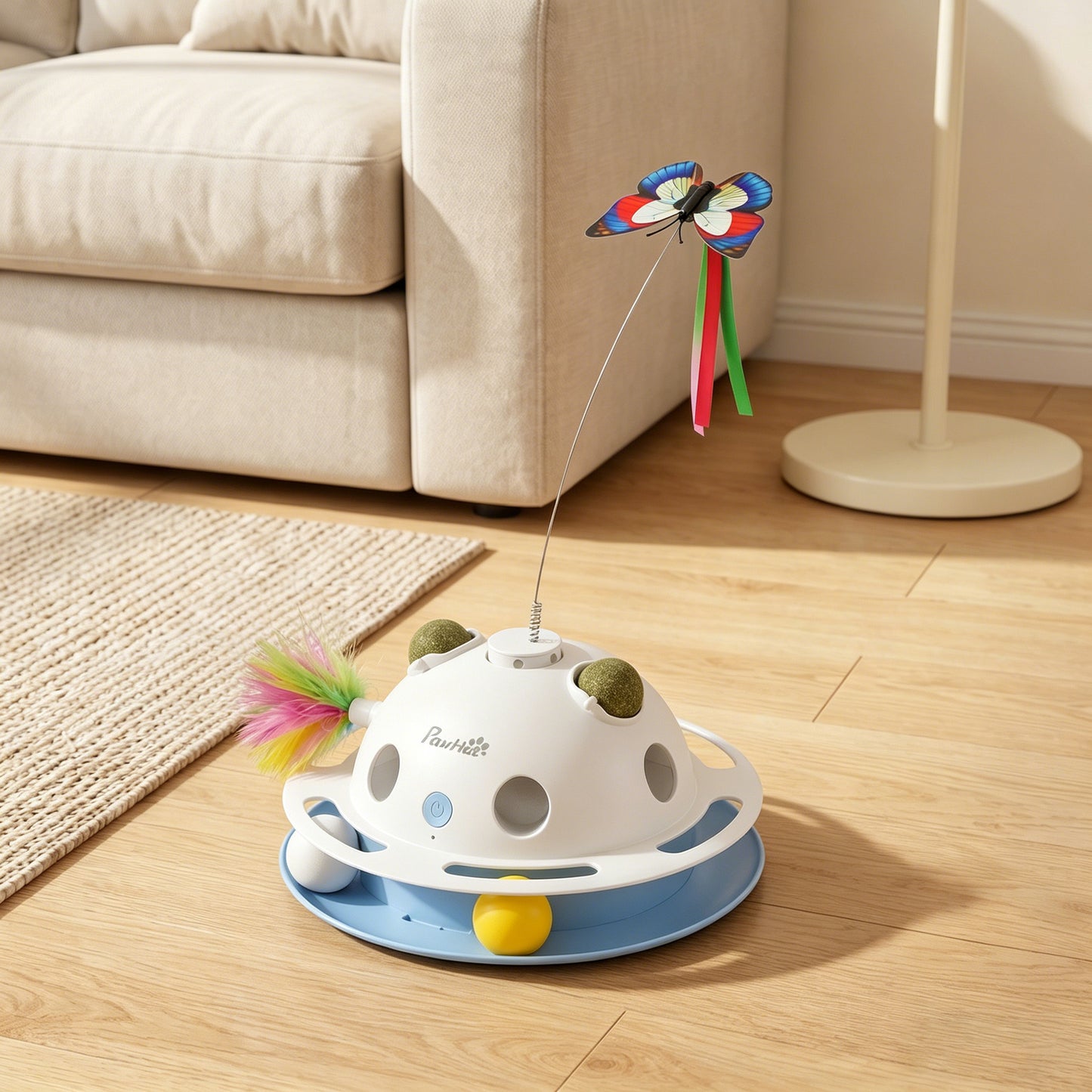 4-in-1 Interactive Cat Toy | Spinning Butterfly | Shooting Feathers | Catnip Balls | Auto Standby | USB & Battery