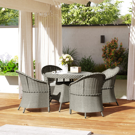 4 Seater Rattan Garden Furniture Set with Cushions, Round PE Rattan Dining Set with Glass-Top Table, Umbrella Hole, Outdoor Garden Table and Chairs