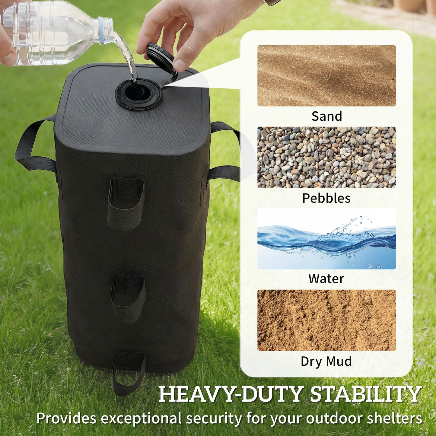Set of 4 Heavy Duty Gazebo Weight Bags | 500D PVC | 25L Water / 31kg Sand Capacity | Wide Mouth | Adjustable Straps | Fits 25-70mm Legs | Foldable | Carry Handles | Black
