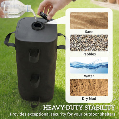 Set of 4 Heavy Duty Gazebo Weight Bags | 500D PVC | 25L Water / 31kg Sand Capacity | Wide Mouth | Adjustable Straps | Fits 25-70mm Legs | Foldable | Carry Handles | Black