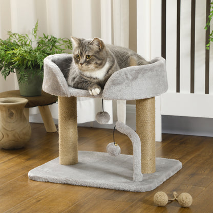 PawHut Designer Cat Tree Scratching Post | Light Grey | 48x38x42cm | 2 Jute Posts | 2 Hanging Pom-Pom Toys | 220g/m² Plush | Observation Platform | E1 Particleboard | Cats Under 5kg