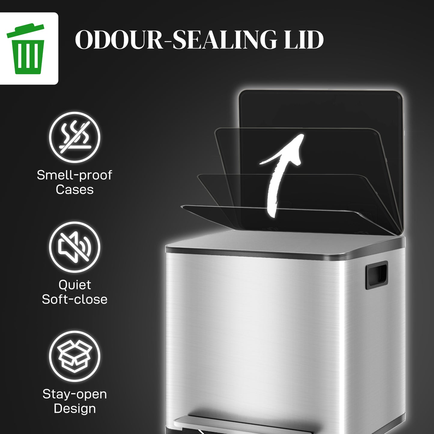 30L Dual Compartment Pedal Bin | Stainless Steel | 2x15L | Removable Buckets | Deodoriser Holders | Stay-Open | No Assembly | Silver